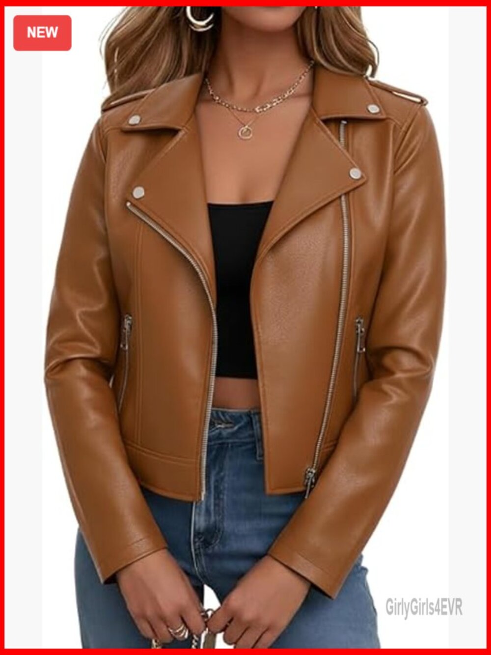 Faux Leather Cropped Moto Jacket, Long Sleeve, Zip Up, Vintage Style